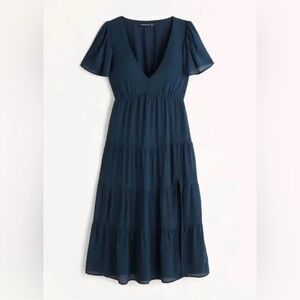 Abercrombie & Fitch Deep Blue Tiered V-Neck Midi Dress peasant style